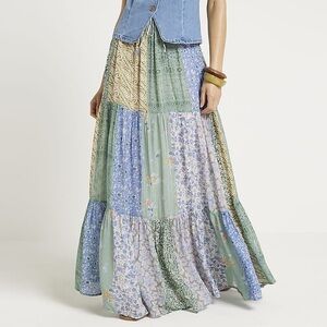 River Island Green and Blue Patchwork Maxi Skirt